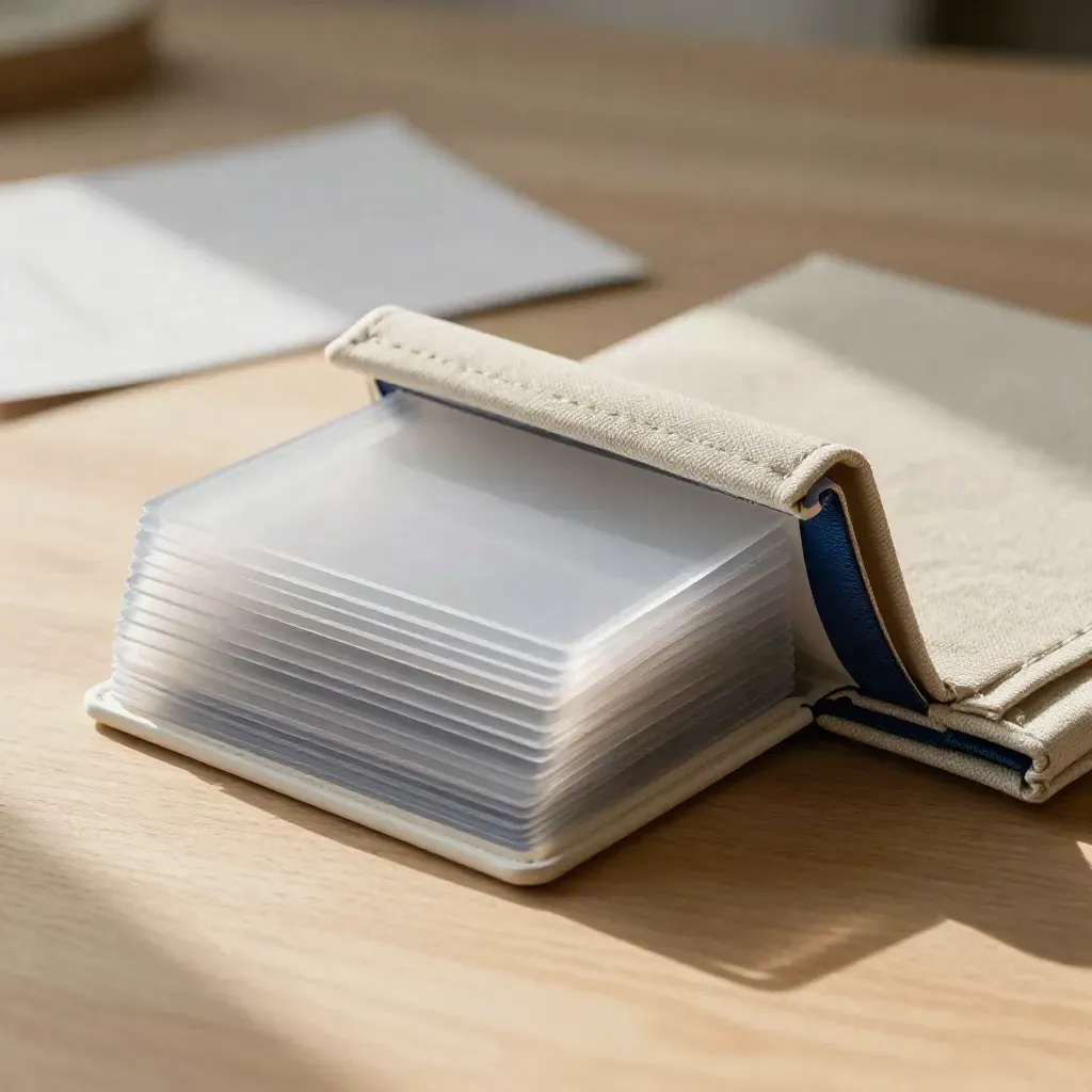 Slim off-white onboarding folio with translucent step cards on warm wood, softly lit in haze.