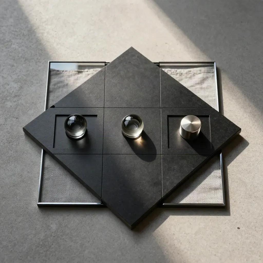 Overhead flatlay of a lead-capture demo kit with black tile, clear windows, and three tokens.