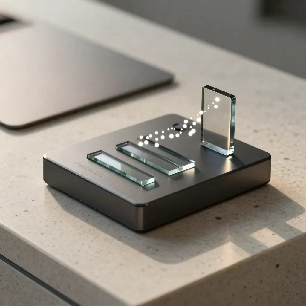 Graphite analytics block with glowing nodes and glass bars on travertine, low side angle
