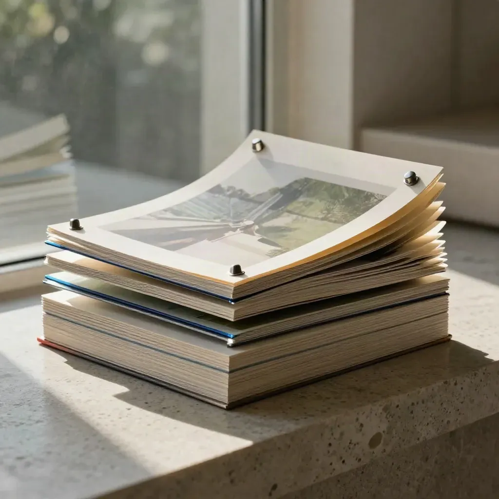 Layered proof-page builder sculpture on a stone ledge with soft haze and indigo accent.