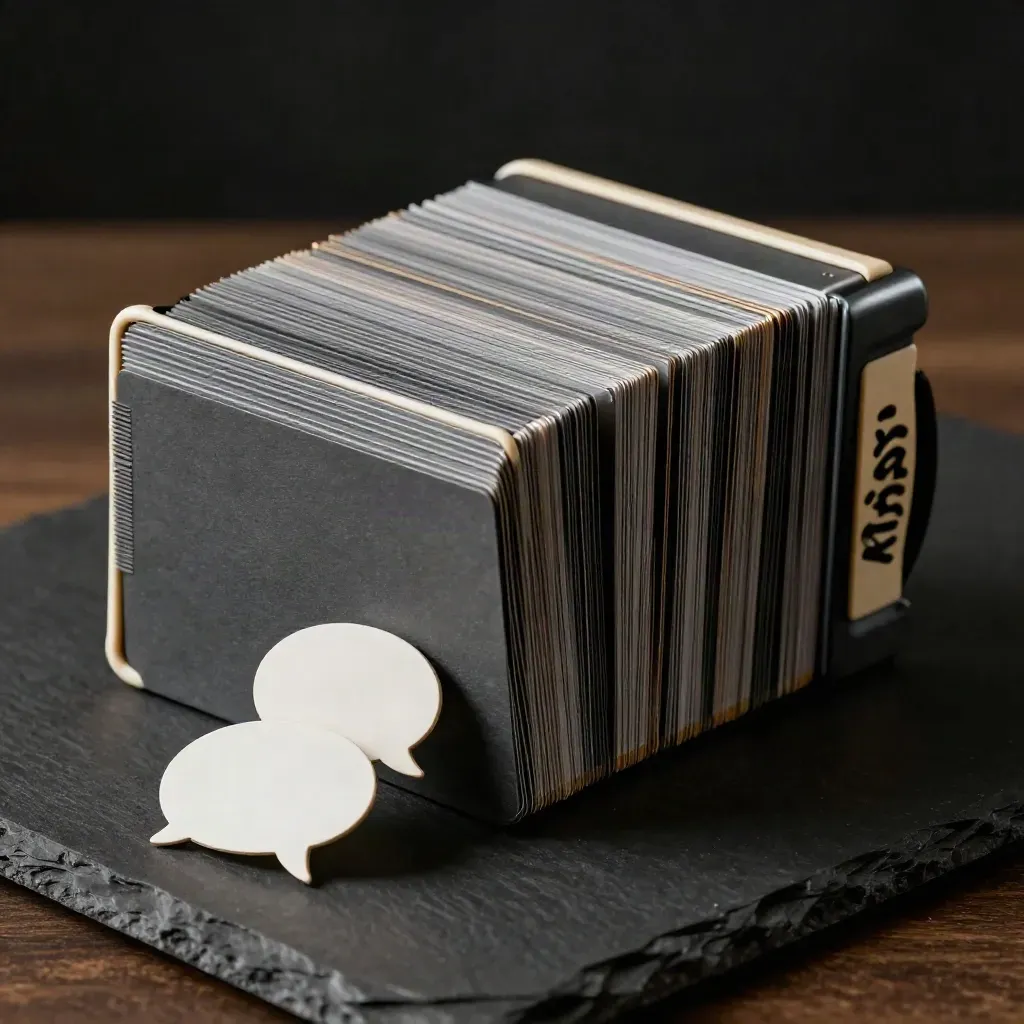 Accordion sales-script library with matte cards, speech-bubble tokens and a slim rail on dark slate.