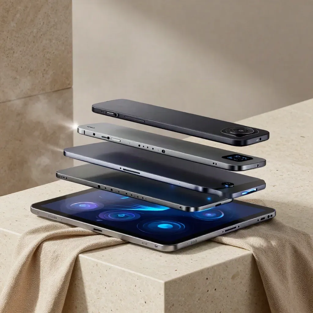 Stacked demo software bundle on travertine with indigo glow and mist