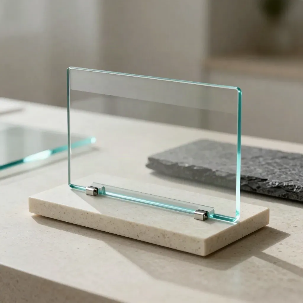 Translucent lead-form overlay unit on travertine with cyan edge glow and capture dock