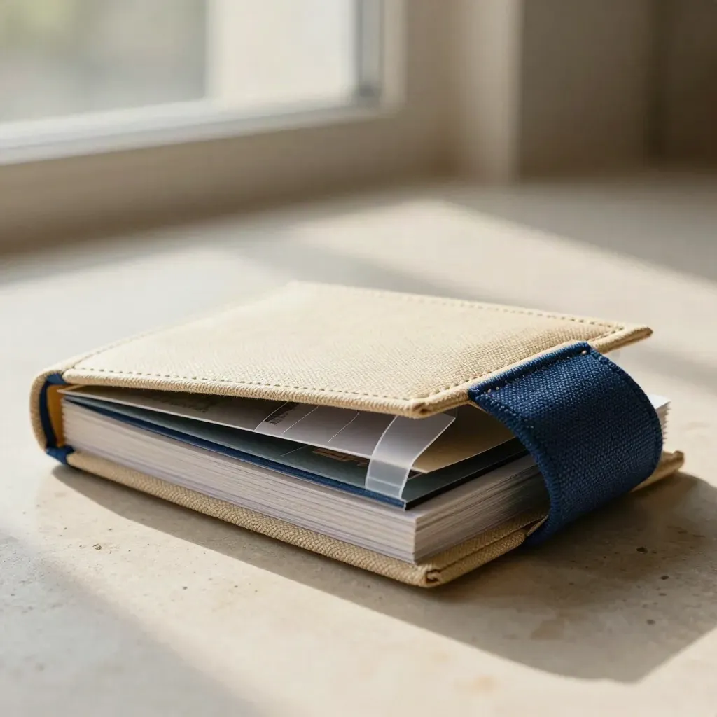 Opened natural-fiber folio with translucent tabs and cloth divider on pale stone.