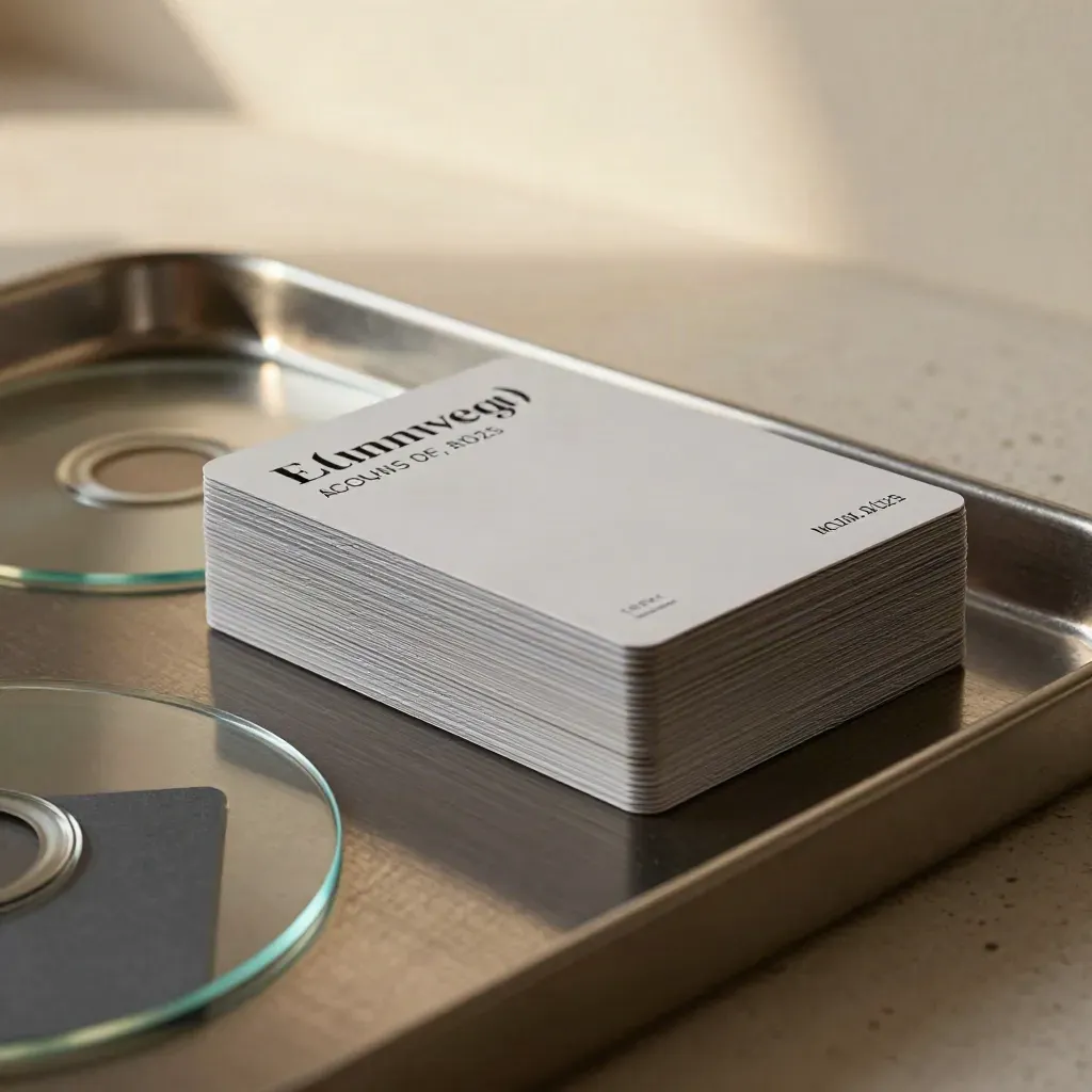 Stacked demo cards in a brushed metal tray beside clear discs and a dark spacer block