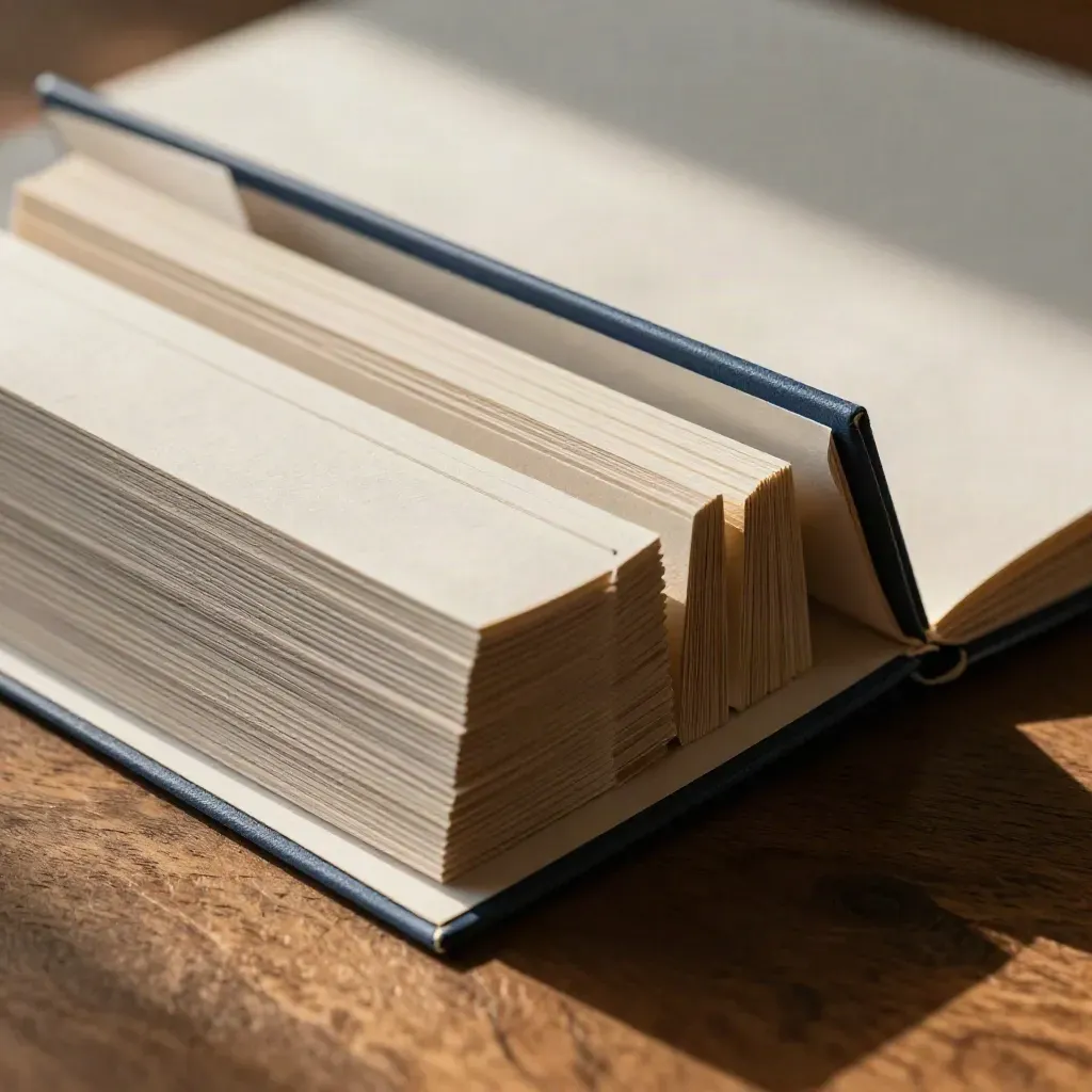Macro of meeting-prep papers sliding from a matte sleeve on warm wood.