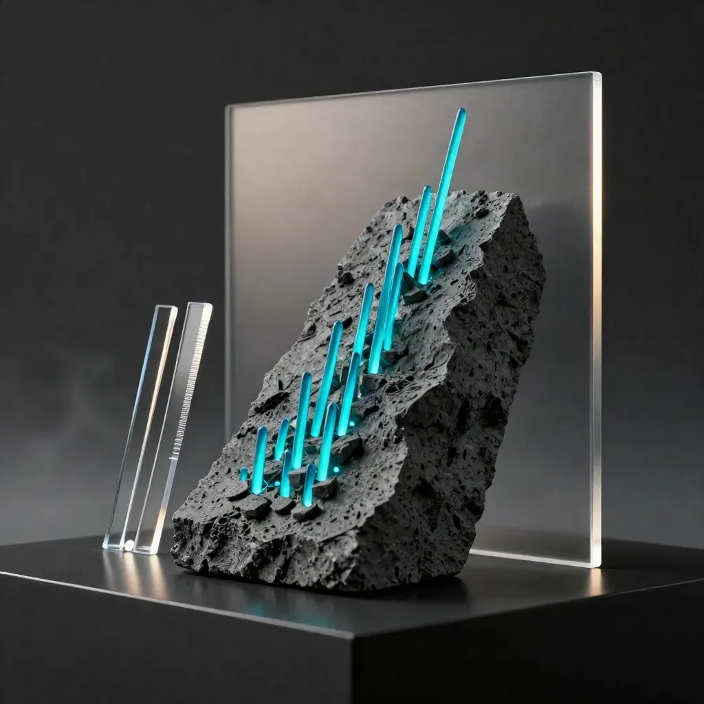 Graphite analytics block with cyan bars flaring on a dark studio pedestal.