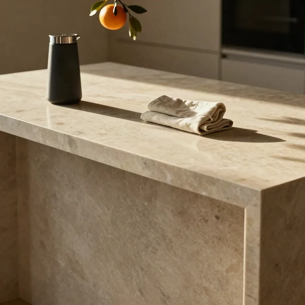 Pale marble island with carafe, linen and citrus branch in soft late morning light.