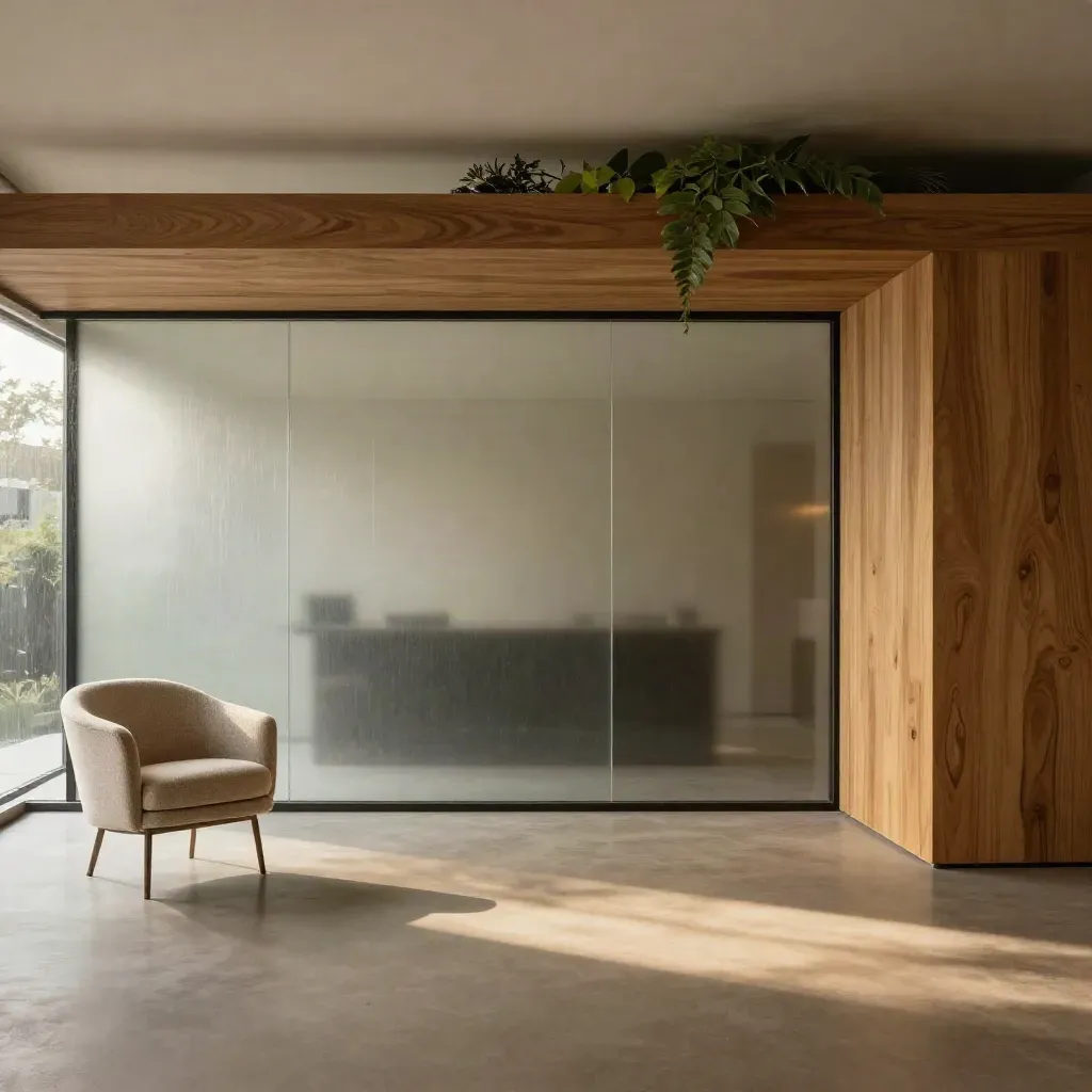 Warm oak meeting room with glass wall, chair silhouette, and plant cluster in soft rainlight.