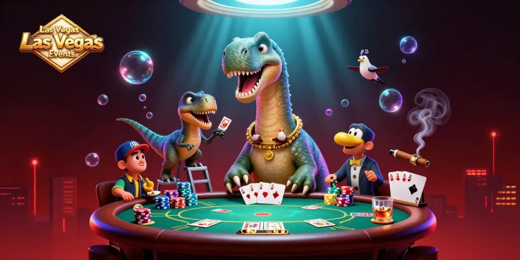 Engage in thrilling Las Vegas Corporate Events with a dynamic poker scene featuring unique characters.